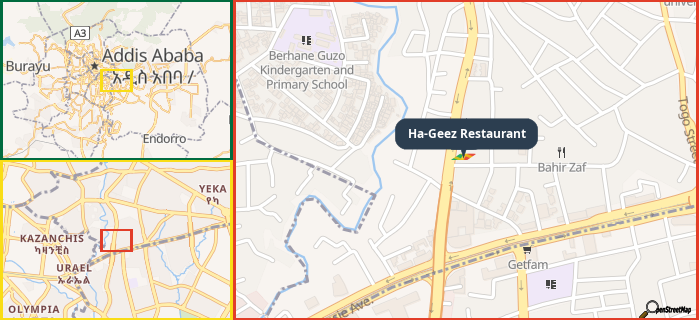 Map showing the address of Ha-Geez Restaurant in three different zoom levels.