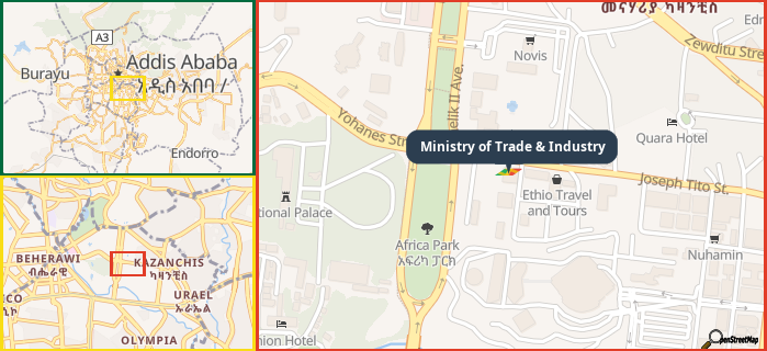 Map showing the address of Ministry of Trade & Industry in three different zoom levels.