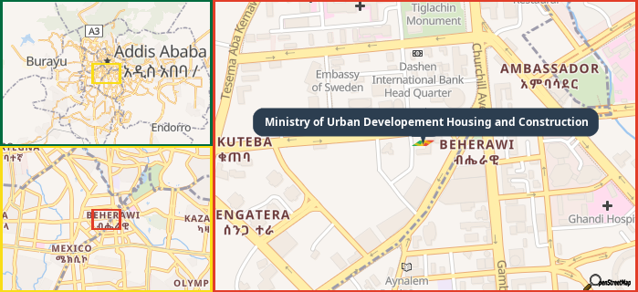 Map showing the address of Ministry of Urban Developement Housing and Construction in three different zoom levels.