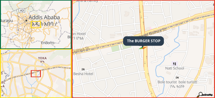 Map showing the address of The BURGER STOP in three different zoom levels.