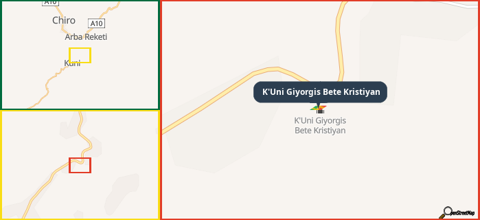 Map showing the address of K'Uni Giyorgis Bete Kristiyan in three different zoom levels.