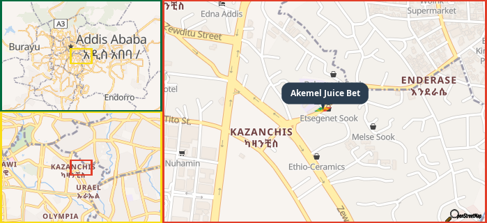 Map showing the address of Akemel Juice Bet in three different zoom levels.