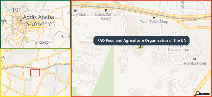 Map showing the address of FAO Food and Agriculture Organisatioz of the UN in three different zoom levels.