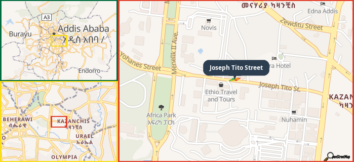 Map showing the address of Joseph Tito Street in three different zoom levels.