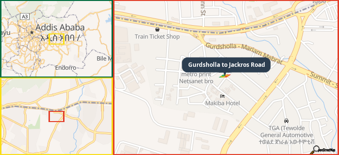 Map showing the address of Gurdsholla to Jackros Road in three different zoom levels.