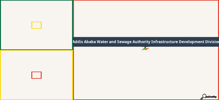 Map showing the address of Addis Ababa Water and Sewage Authority Infrastructure Development Division in three different zoom levels.