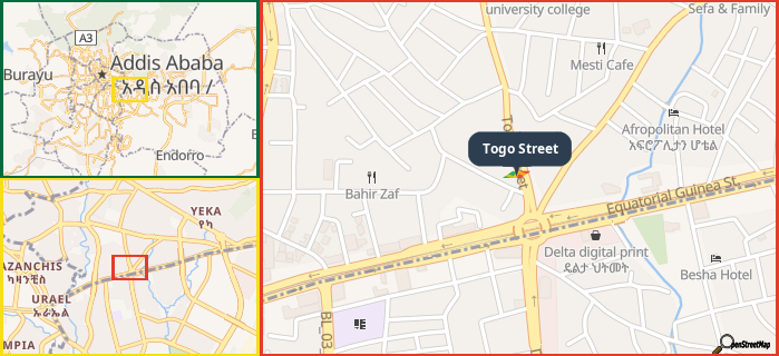 Map showing the address of Togo Street in three different zoom levels.