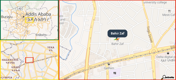 Map showing the address of Bahir Zaf in three different zoom levels.