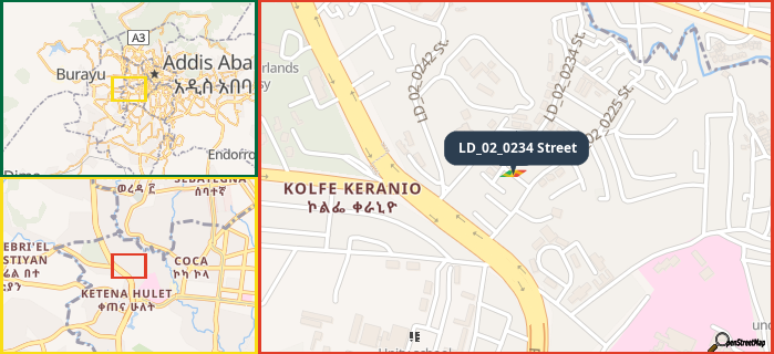 Map showing the address of LD_02_0234 Street in three different zoom levels.