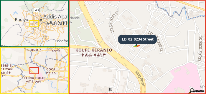 Map showing the address of LD_02_0234 Street in three different zoom levels.