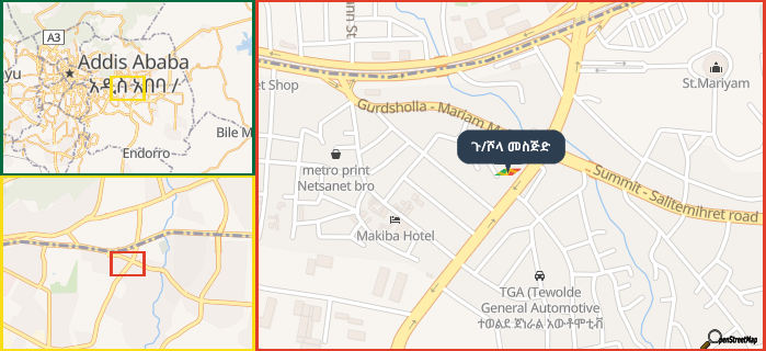 Map showing the address of ጉ/ሾላ መስጅድ in three different zoom levels.