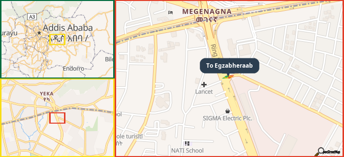 Map showing the address of To Egzabheraab in three different zoom levels.