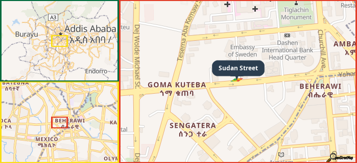 Map showing the address of Sudan Street in three different zoom levels.