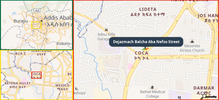 Map showing the address of Dejazmach Balcha Aba Nefso Street in three different zoom levels.