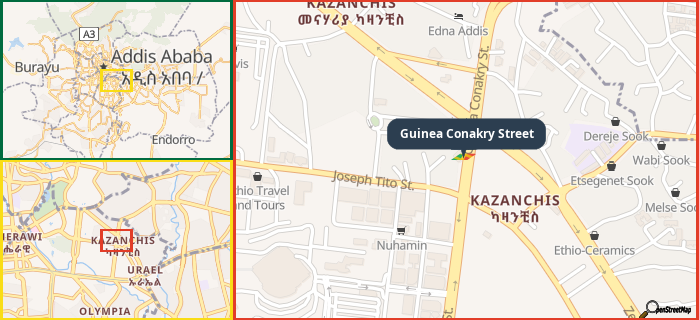 Map showing the address of Guinea Conakry Street in three different zoom levels.