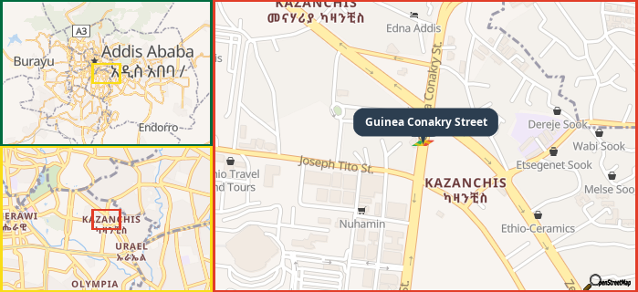 Map showing the address of Guinea Conakry Street in three different zoom levels.