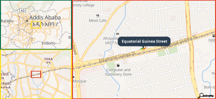 Map showing the address of Equatorial Guinea Street in three different zoom levels.