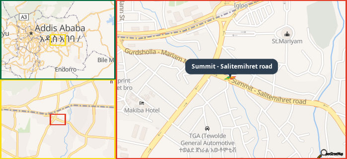 Map showing the address of Summit - Salitemihret road in three different zoom levels.