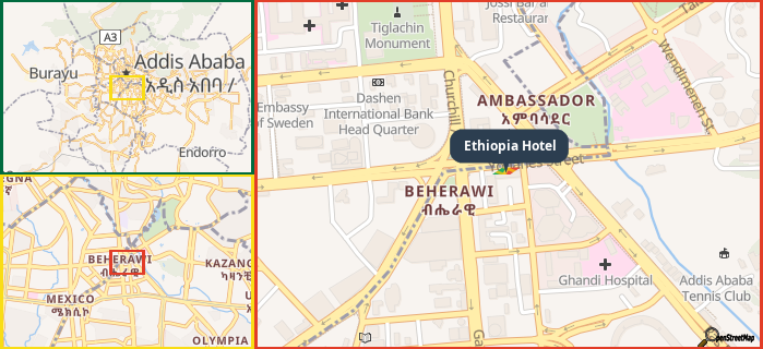 Map showing the address of Ethiopia Hotel in three different zoom levels.