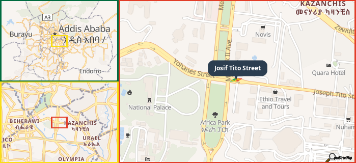 Map showing the address of Josif Tito Street in three different zoom levels.