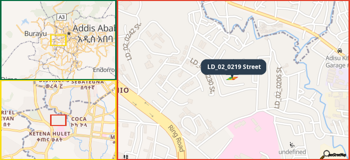 Map showing the address of LD_02_0219 Street in three different zoom levels.