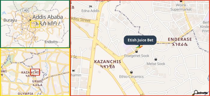 Map showing the address of Etish Juice Bet in three different zoom levels.