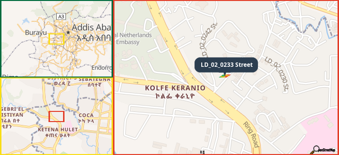 Map showing the address of LD_02_0233 Street in three different zoom levels.