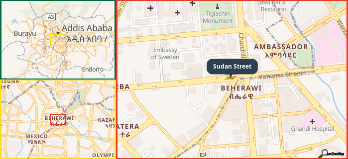 Map showing the address of Sudan Street in three different zoom levels.