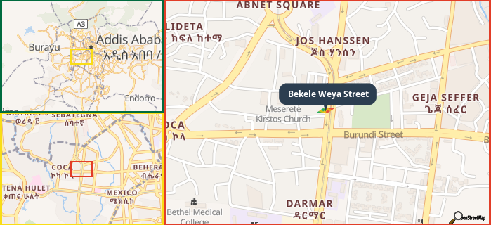 Map showing the address of Bekele Weya Street in three different zoom levels.