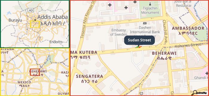 Map showing the address of Sudan Street in three different zoom levels.