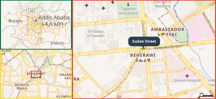 Map showing the address of Sudan Street in three different zoom levels.