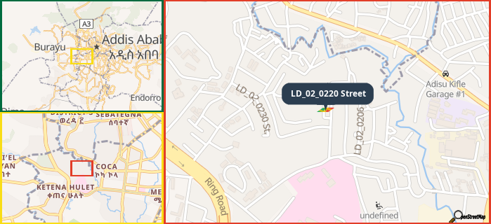 Map showing the address of LD_02_0220 Street in three different zoom levels.