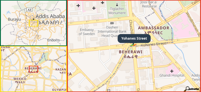 Map showing the address of Yohanes Street in three different zoom levels.