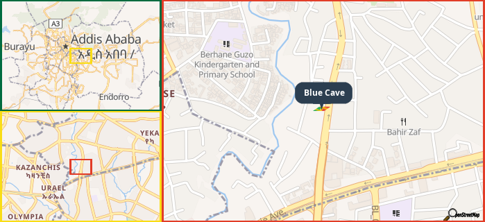 Map showing the address of Blue Cave in three different zoom levels.