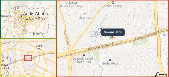 Map showing the address of Govani Hotel in three different zoom levels.