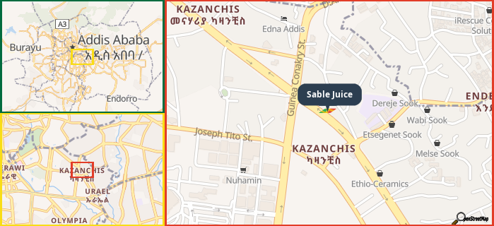 Map showing the address of Sable Juice in three different zoom levels.
