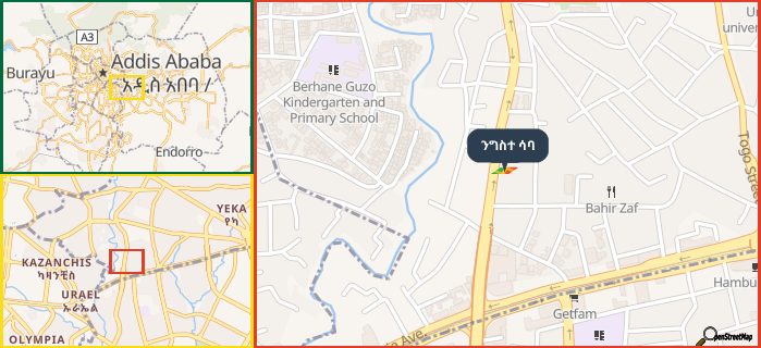Map showing the address of ንግስተ ሳባ in three different zoom levels.