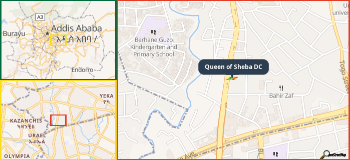 Map showing the address of Queen of Sheba DC in three different zoom levels.