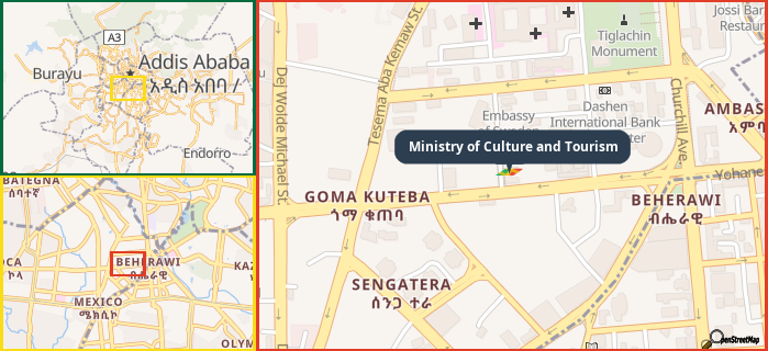 Map showing the address of Ministry of Culture and Tourism in three different zoom levels.