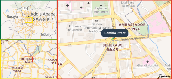 Map showing the address of Gambia Street in three different zoom levels.