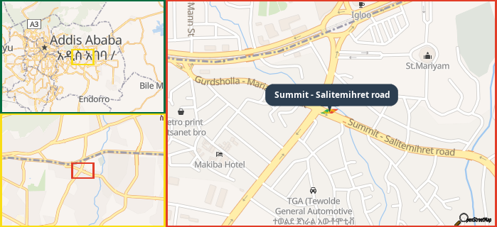 Map showing the address of Summit - Salitemihret road in three different zoom levels.