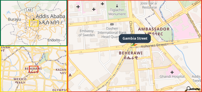 Map showing the address of Gambia Street in three different zoom levels.