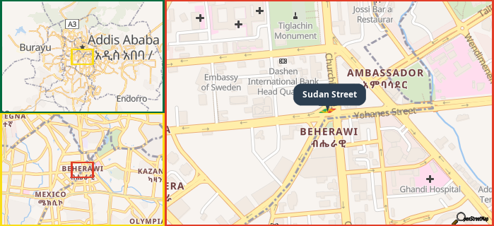 Map showing the address of Sudan Street in three different zoom levels.