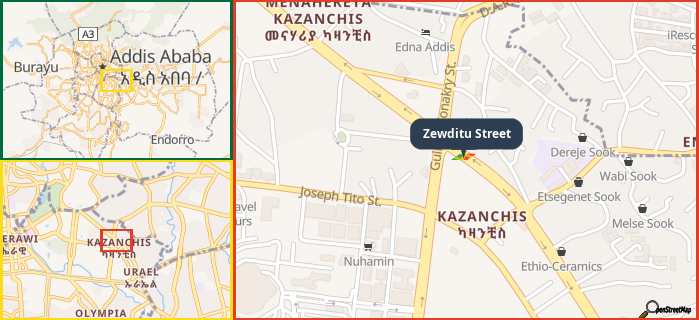 Map showing the address of Zewditu Street in three different zoom levels.