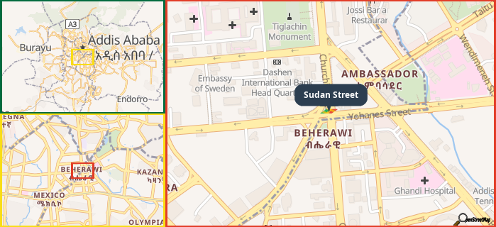 Map showing the address of Sudan Street in three different zoom levels.