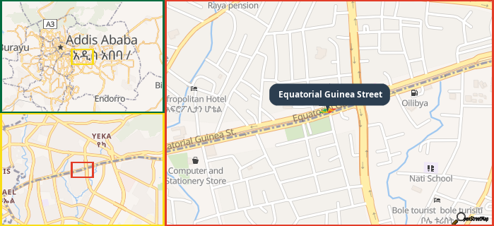 Map showing the address of Equatorial Guinea Street in three different zoom levels.