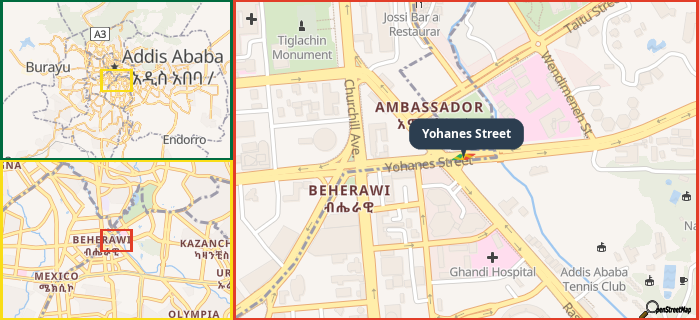 Map showing the address of Yohanes Street in three different zoom levels.