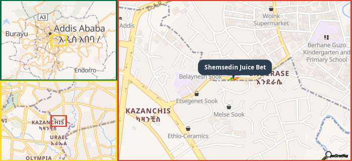 Map showing the address of Shemsedin Juice Bet in three different zoom levels.