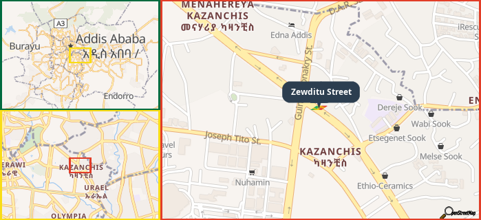 Map showing the address of Zewditu Street in three different zoom levels.