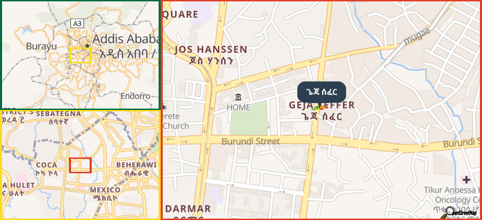 Map showing the address of ጌጃ ሰፈር in three different zoom levels.